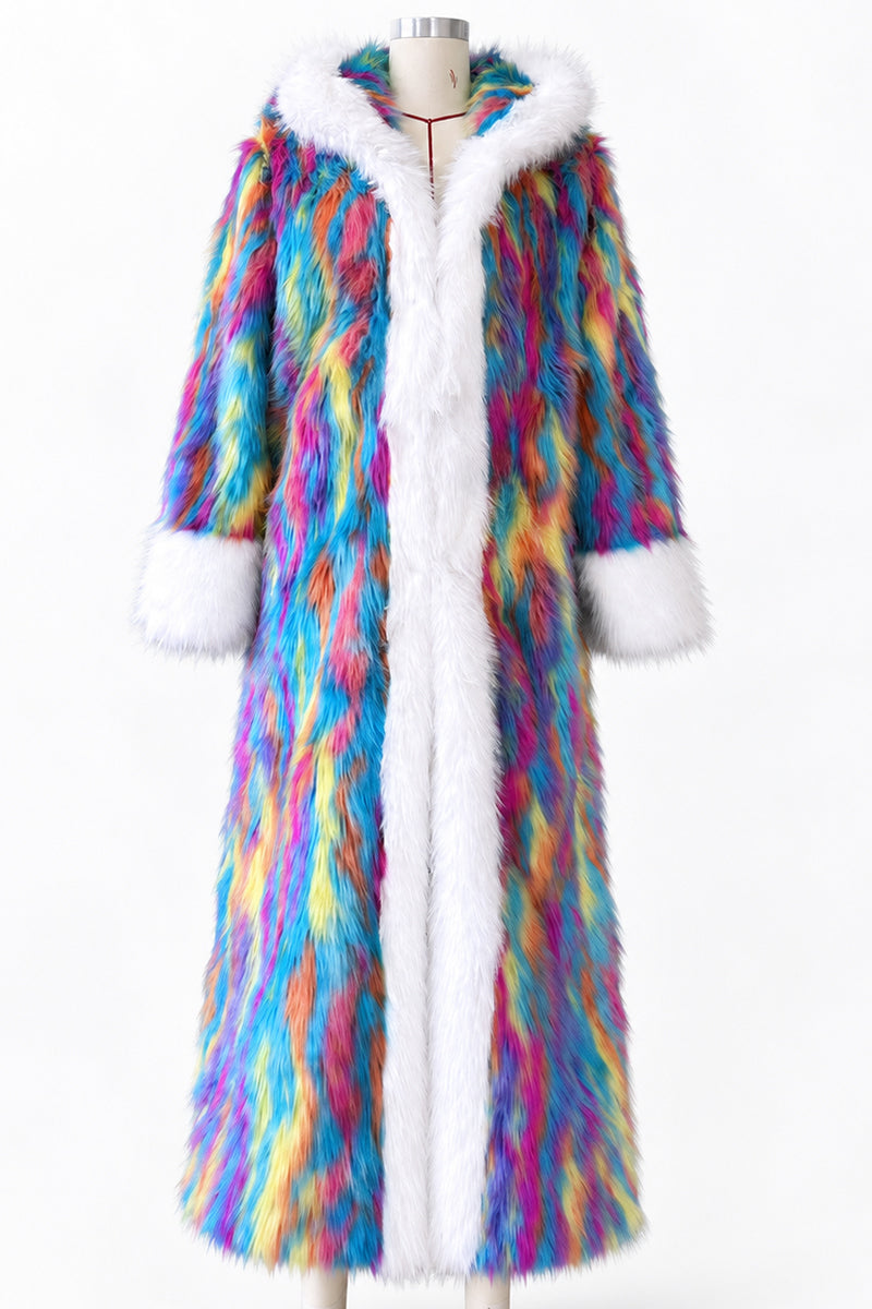 Women's Multicolor Maxi Faux Fur Coat with White Trim & Hood