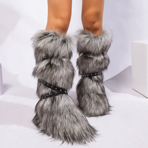 y2k faux fur boots with adjustable buckle straps for women in gray 7 Alicefurs