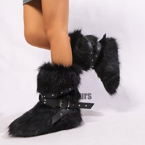 y2k fur boots with wrap buckle straps for women in black 2 Alicefurs