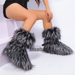 y2k fur boots with wrap buckle straps for women in dusty black 2 Alicefurs
