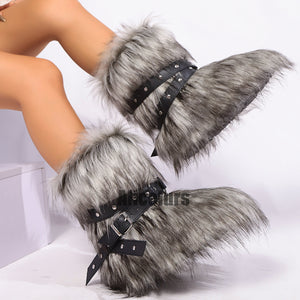 y2k fur boots with wrap buckle straps for women in gray 3 Alicefurs