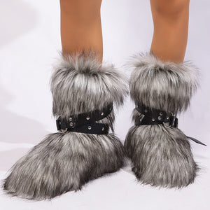 y2k fur boots with wrap buckle straps for women in gray Alicefurs
