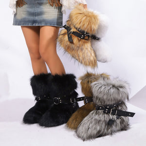y2k fur boots with wrap buckle straps for women Alicefurs