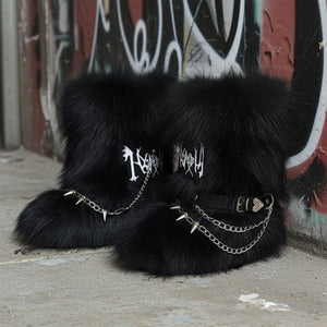 y2k fur boots with wrap straps and chains for women in black 2 Alicefurs