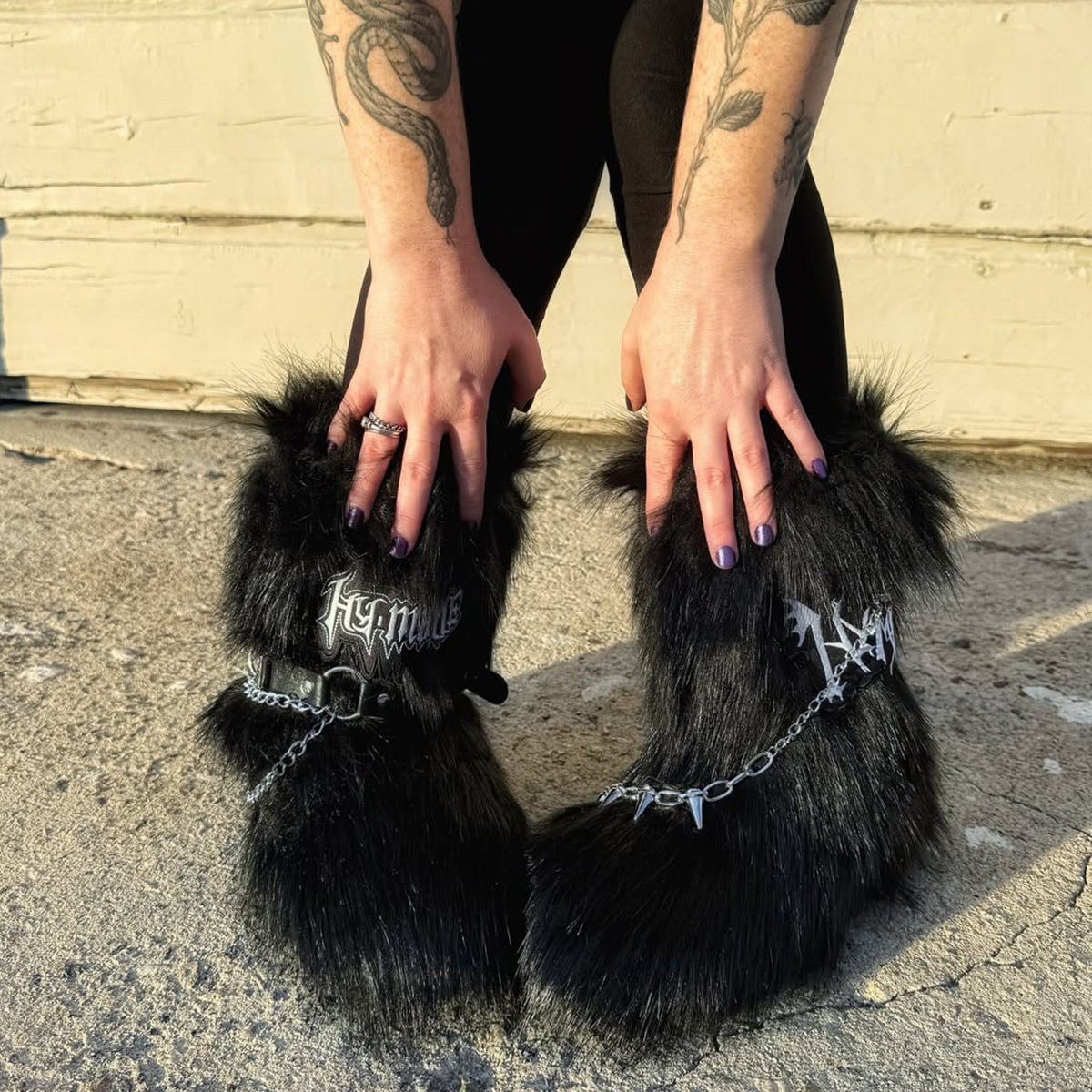 y2k fur boots with wrap straps and chains for women in black 6 Alicefurs