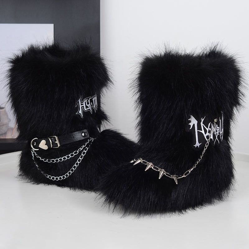 Y2K Fur Boots with Wrap Straps and Chains for Women