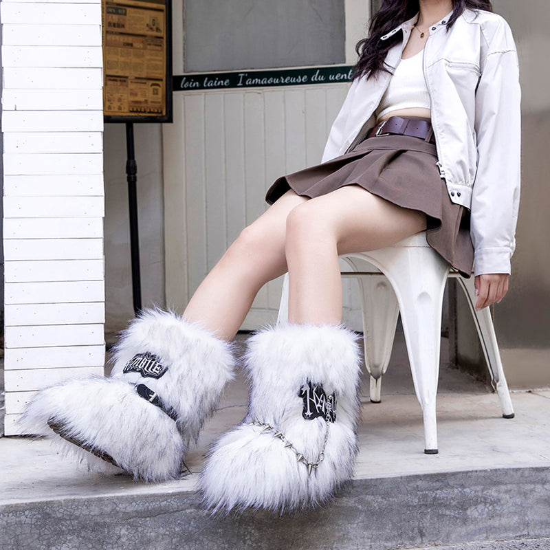 Y2K Fur Boots with Wrap Straps and Chains for Women