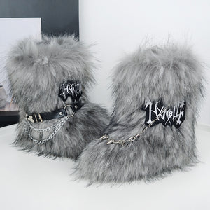 y2k fur boots with wrap straps and chains for women in grey Alicefurs