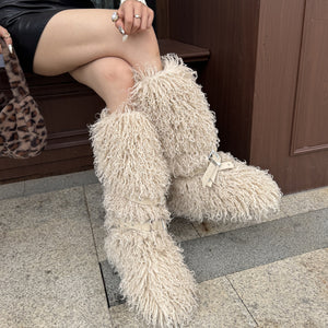 y2k mongolian fur boots knee high shaggy boots for women in beige 2 Alicefurs