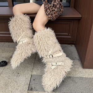 y2k mongolian fur boots knee high shaggy boots for women in beige 3 Alicefurs