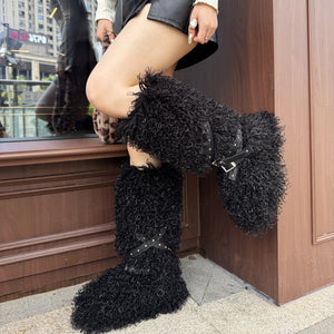 y2k mongolian fur boots knee high shaggy boots for women in black 6 Alicefurs