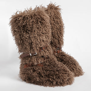 y2k mongolian fur boots knee high shaggy boots for women in white in chocolate brown 2 Alicefurs