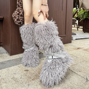 y2k mongolian fur boots knee high shaggy boots for women in white in grey 1 Alicefurs