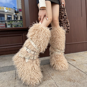 y2k mongolian fur boots knee high shaggy boots for women in white in khaki 1 Alicefurs