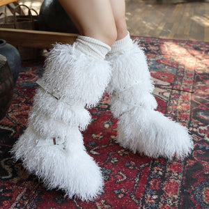 y2k mongolian fur boots knee high shaggy boots for women in white Alicefurs