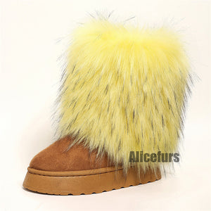 yellow faux fur leg warmer boots in mid calf 3 Alicefurs