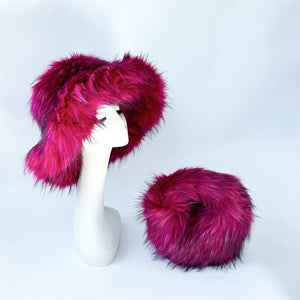 2 pcs fluffy fur handbag wide brim hat in fuchsia Alicefurs