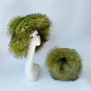 2 pcs fluffy fur handbag wide brim hat in olive green Alicefurs