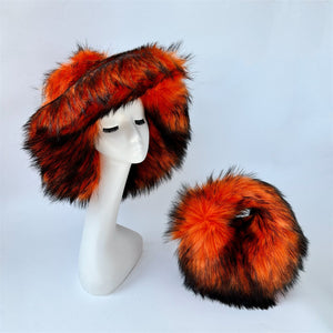 2 pcs fluffy fur handbag wide brim hat in orange Alicefurs