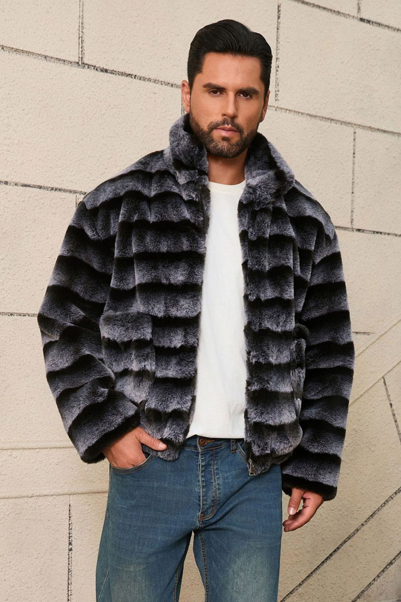 2025 Men's Striped Fur Jacket Short Faux Chinchilla Coat