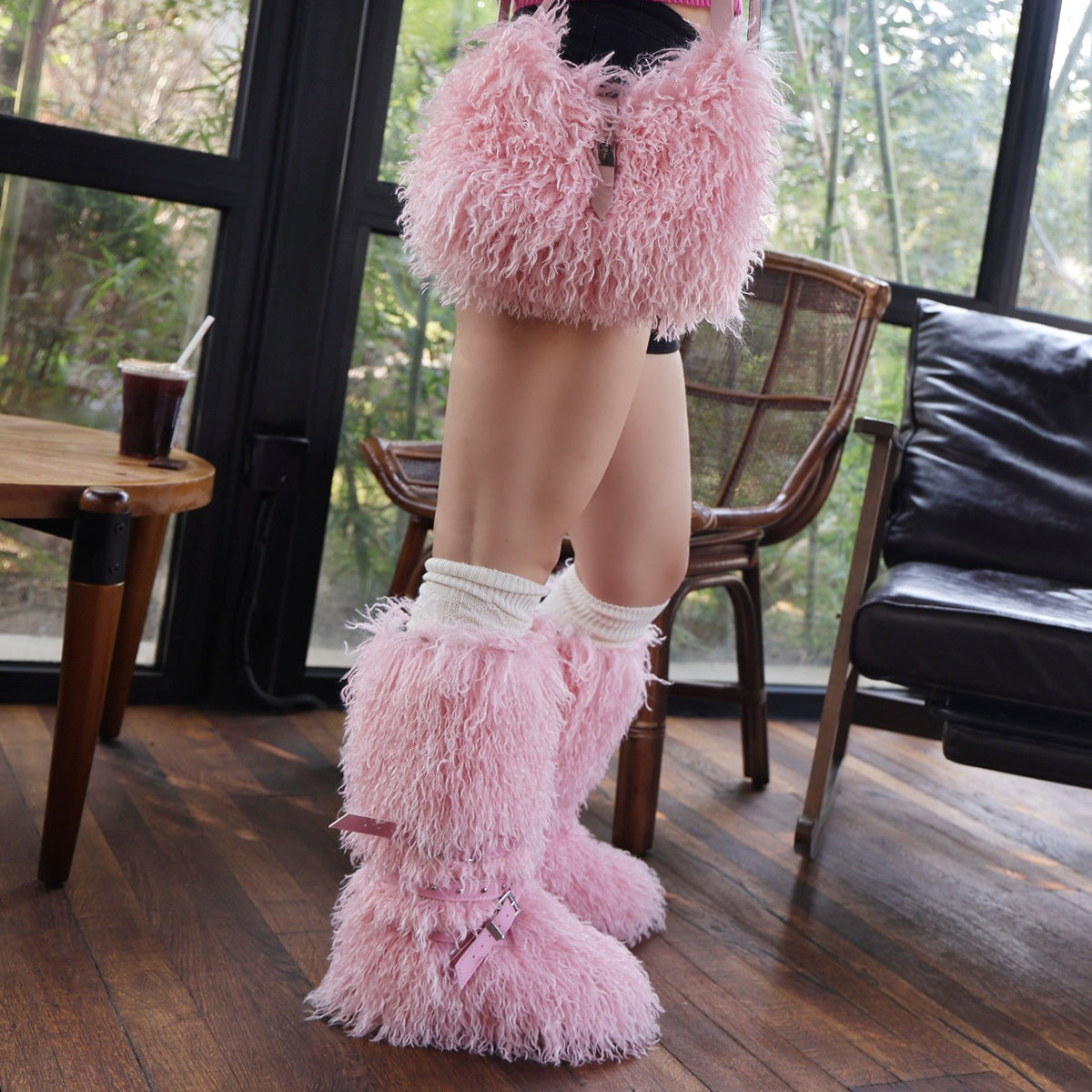 2025 Mongolian Fur Boots with Wrap Buckle Straps for Women
