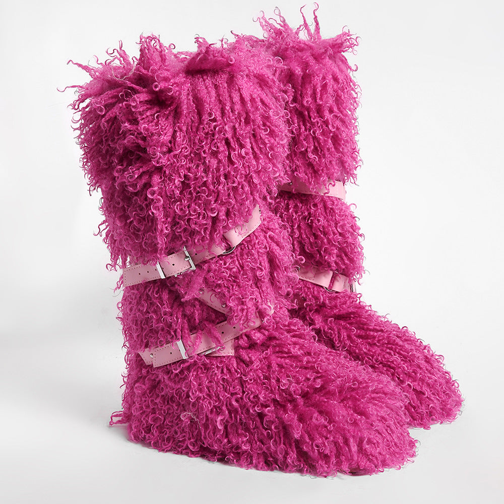 2026 Mongolian Fur Boots with Wrap Buckle Straps for Women