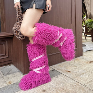 2025 mongolian fur boots with wrap buckle straps for women in fuchsia 2 Alicefurs