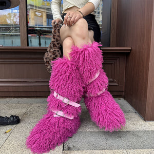 2025 mongolian fur boots with wrap buckle straps for women in fuchsia 3 Alicefurs