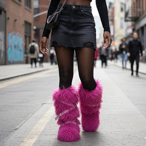 2025 mongolian fur boots with wrap buckle straps for women in fuchsia 4 Alicefurs