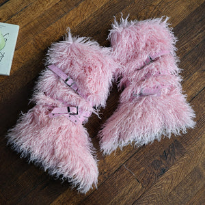 2025 mongolian fur boots with wrap buckle straps for women in pink 2 Alicefurs