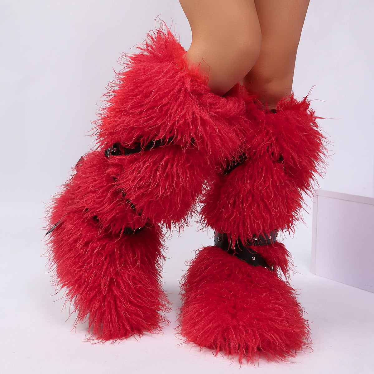 2025 Mongolian Fur Boots with Wrap Buckle Straps for Women
