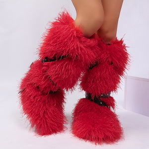 2025 mongolian fur boots with wrap buckle straps for women in red 1 Alicefurs