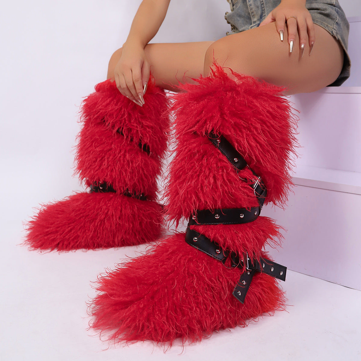 2025 Mongolian Fur Boots with Wrap Buckle Straps for Women