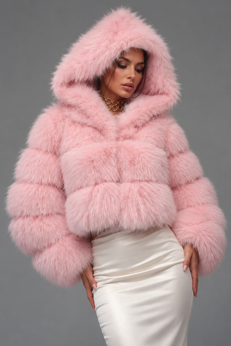 Veste courte en fausse fourrure avec capuche pour femme