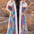 Women's Multicolor Maxi Faux Fur Coat with White Trim & Hood