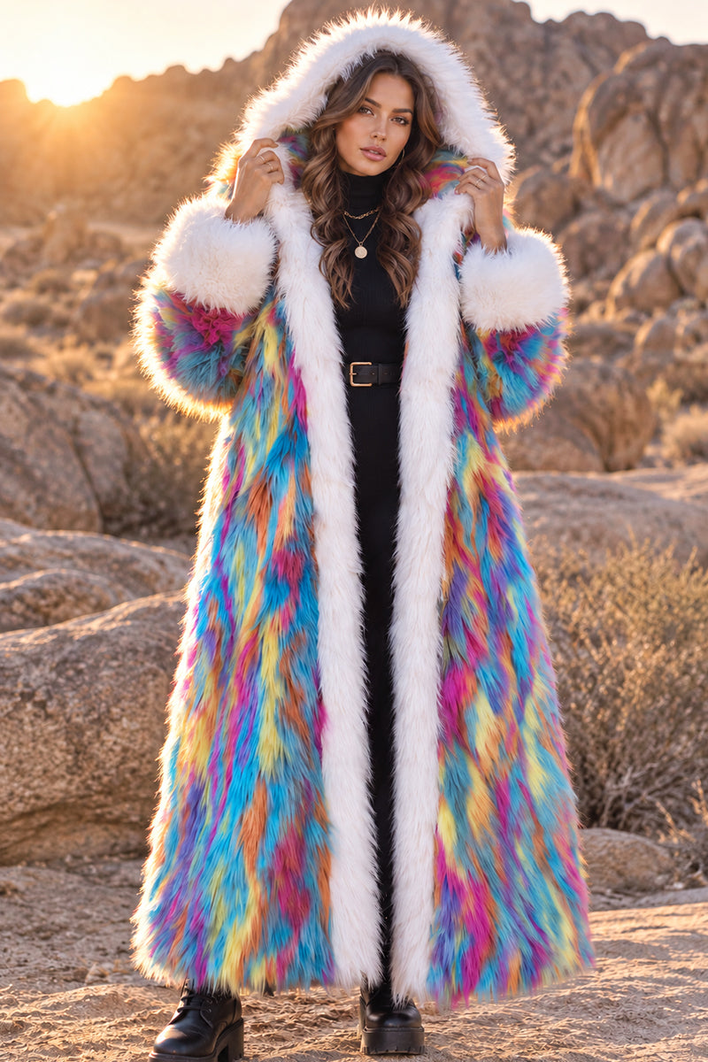 Women's Multicolor Maxi Faux Fur Coat with White Trim & Hood