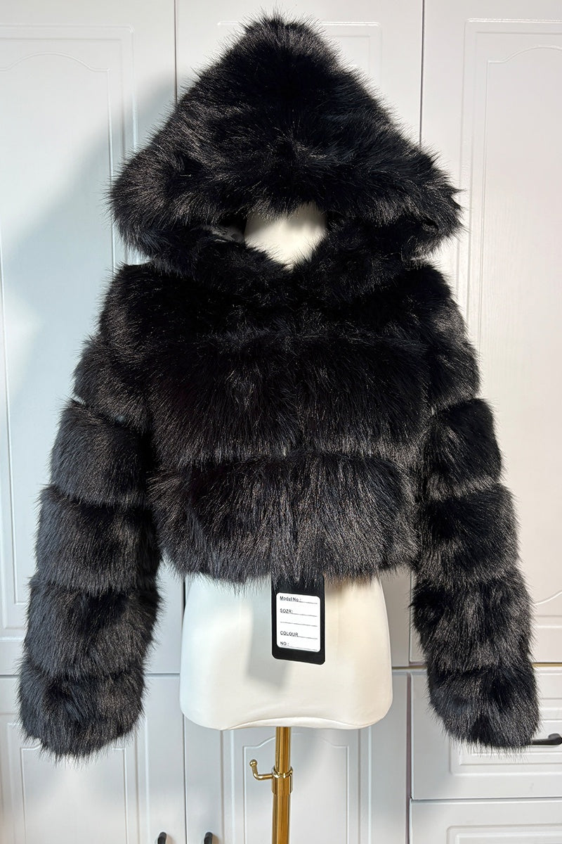 Cropped faux fur jacket hooded fluffy outwear for women in black 1 Alicefurs