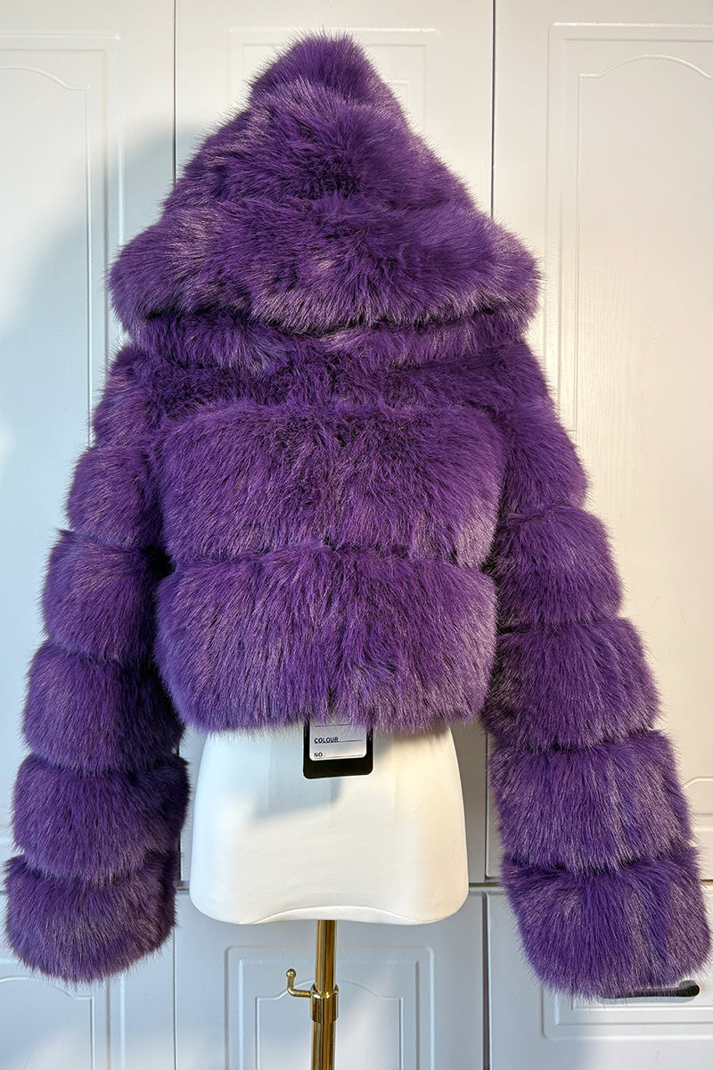 Cropped faux fur jacket hooded fluffy outwear for women in purple 3 Alicefurs