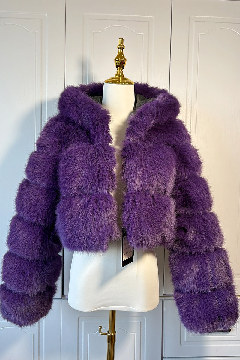 Cropped faux fur jacket hooded fluffy outwear for women in purple 4 Alicefurs