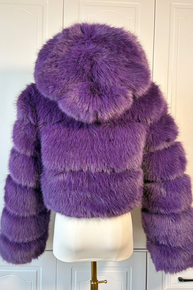 Cropped faux fur jacket hooded fluffy outwear for women in purple 5 Alicefurs