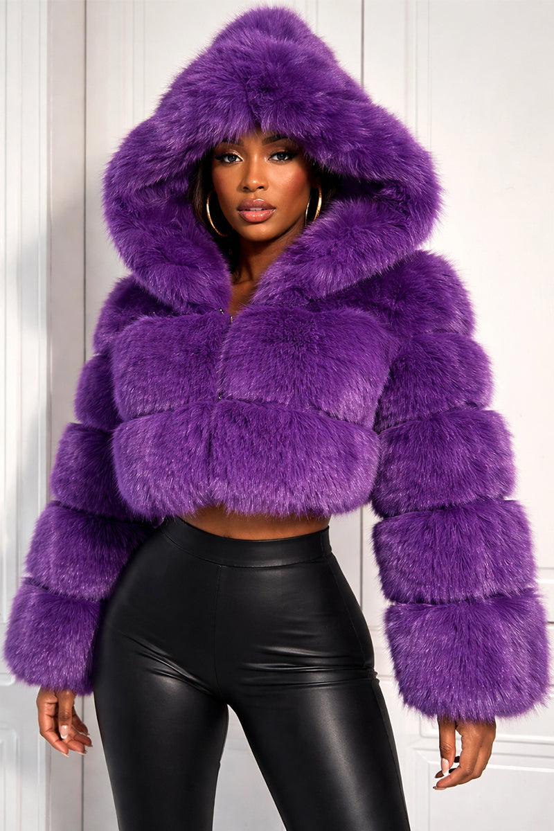 Cropped faux fur jacket hooded fluffy outwear for women in purple 8 Alicefurs