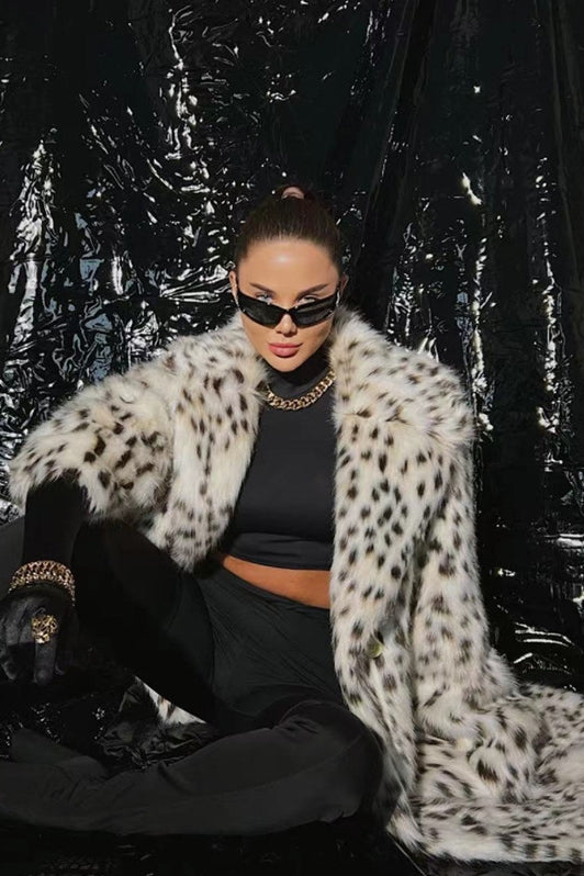 Belted Dalmatian Coat Long Faux Fur Leopard Outerwear for Women