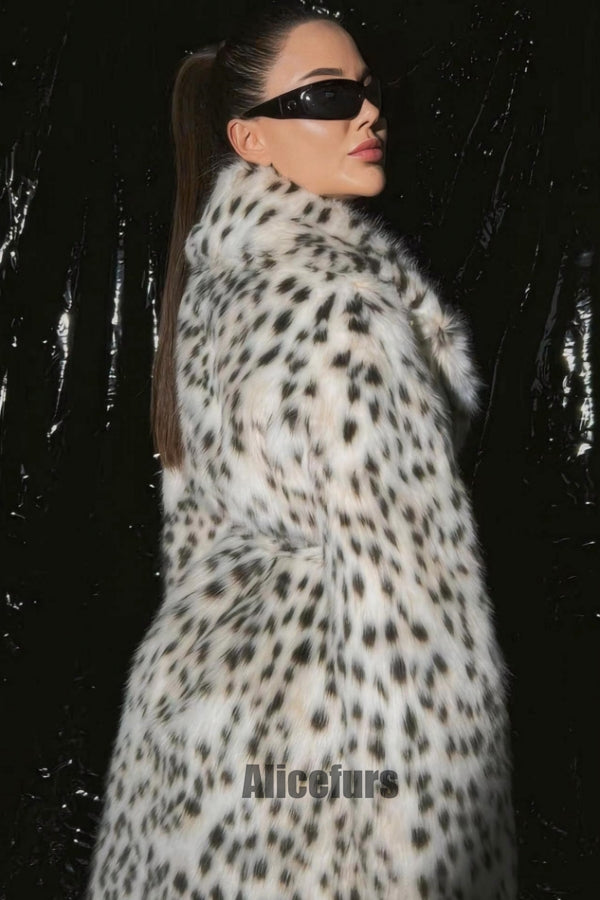 Belted Dalmatian Coat Long Faux Fur Leopard Outerwear for Women
