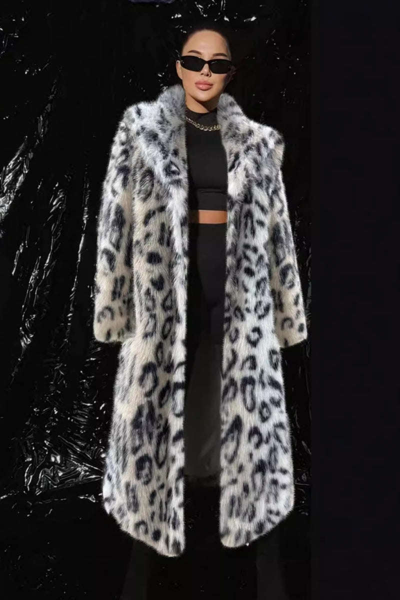 Belted Dalmatian Coat Long Faux Fur Leopard Outerwear for Women
