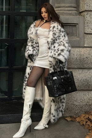 belted dalmatian coat long faux fur leopard outerwear for women in black and white 1 Alicefurs