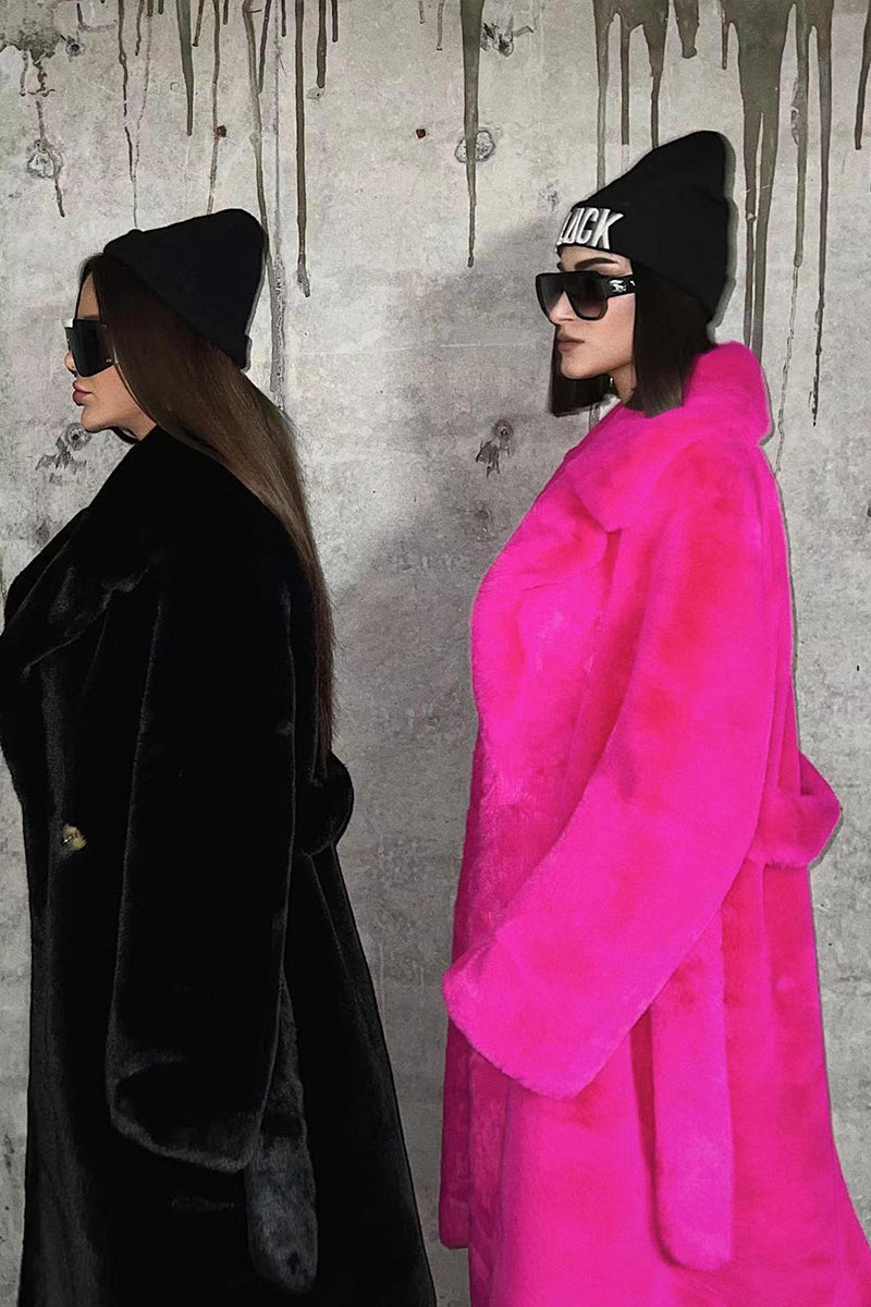 Belted Faux Fur Coat Winter Long Trench Overcoat for Women