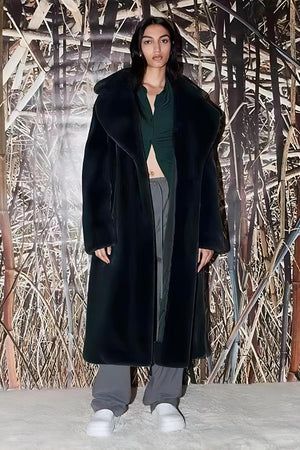 belted faux fur coat winter long trench overcoat for women in black Alicefurs