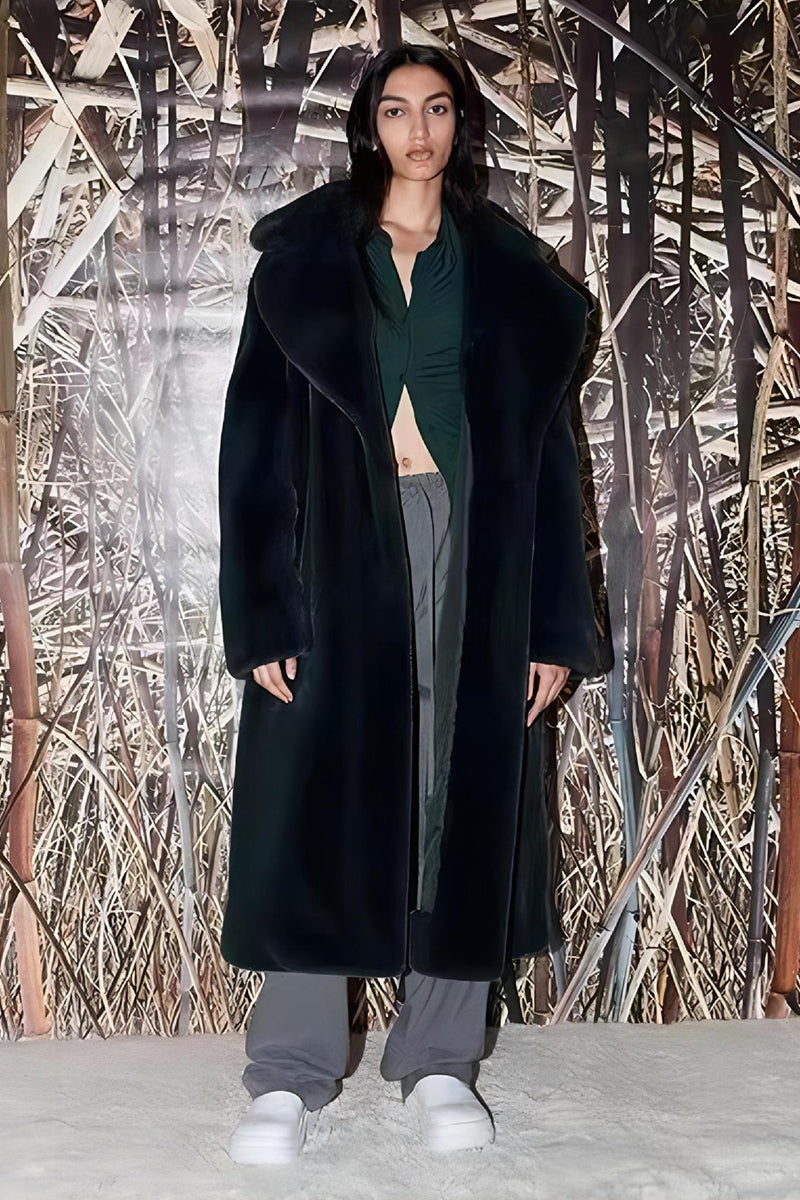 Belted Faux Fur Coat Winter Long Trench Overcoat for Women