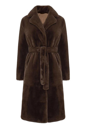 belted faux fur coat winter long trench overcoat for women in chocolate brown Alicefurs