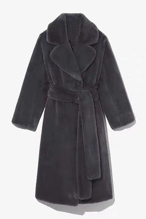 belted faux fur coat winter long trench overcoat for women in dark grey Alicefurs